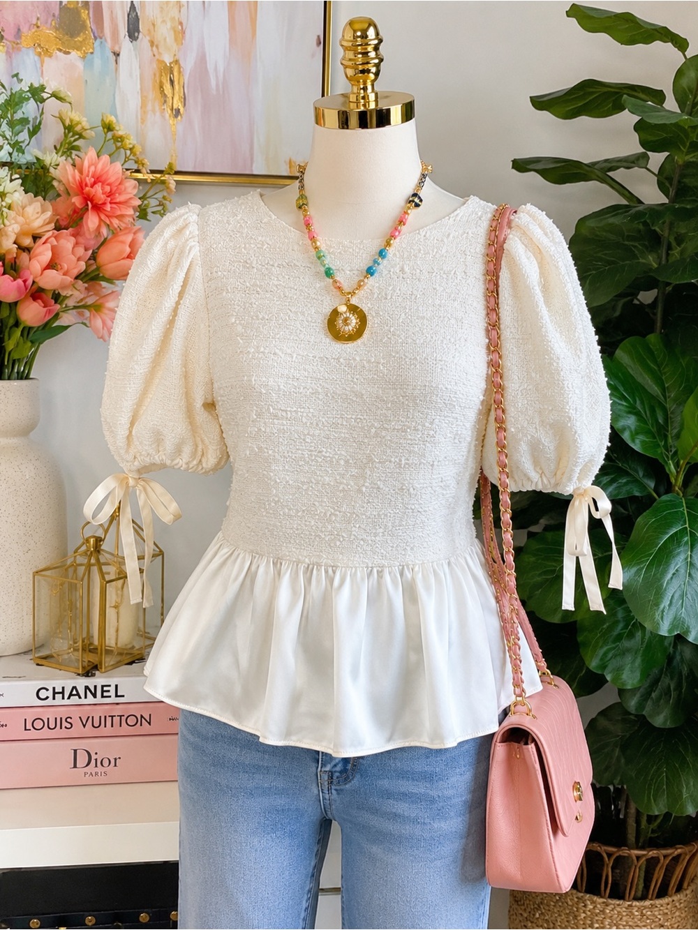 Grey collective tweed textured feminine cottagecore peplum preppy coastal blouse